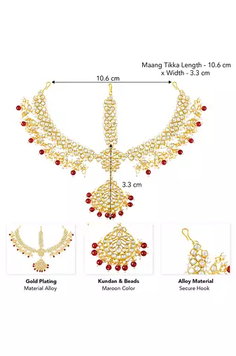 Gold plated kundan & beads studded maangtikka maathapatti ethnic jewellery for women