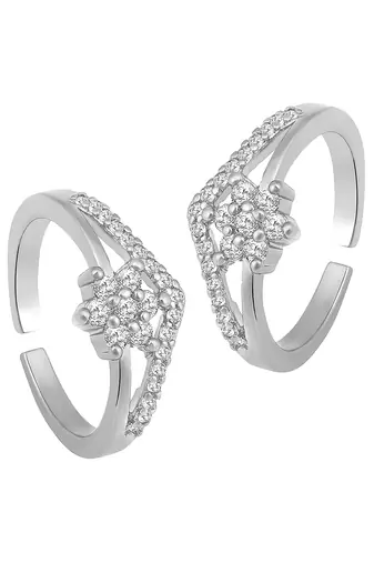 Silver plated cubic zirconia studded adjustable toe ring stylish bichiya fancy regular jewellery gift for women