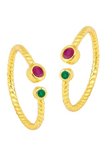 Gold plated rani pink green cubic zirconia studded fancy toe ring adjustable bichiya fashion stylish jewellery for women