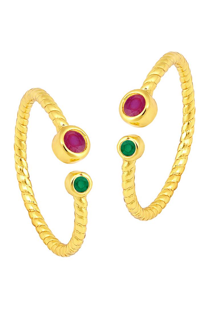 Gold plated rani pink green cubic zirconia studded fancy toe ring adjustable bichiya fashion stylish jewellery for women