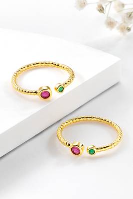 Gold plated rani pink green cubic zirconia studded fancy toe ring adjustable bichiya fashion stylish jewellery for women 2