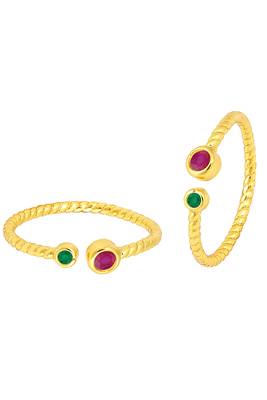 Gold plated rani pink green cubic zirconia studded fancy toe ring adjustable bichiya fashion stylish jewellery for women 3