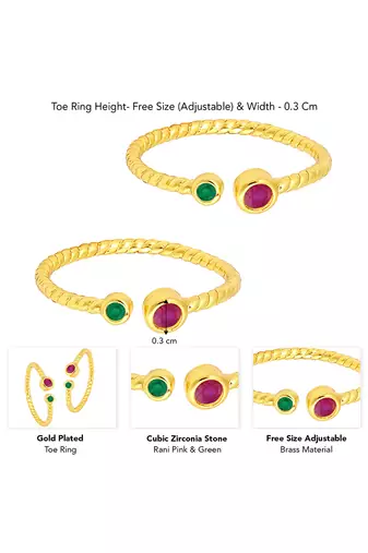 Gold plated rani pink green cubic zirconia studded fancy toe ring adjustable bichiya fashion stylish jewellery for women