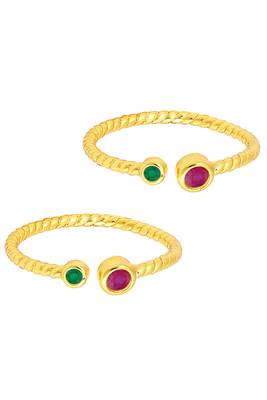 Gold plated rani pink green cubic zirconia studded fancy toe ring adjustable bichiya fashion stylish jewellery for women 5