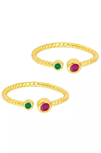 Gold plated rani pink green cubic zirconia studded fancy toe ring adjustable bichiya fashion stylish jewellery for women