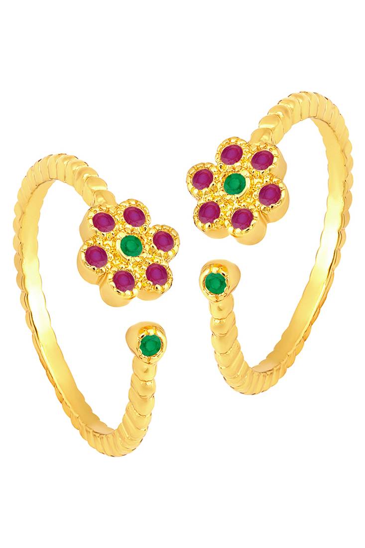 Rani pink green gold plated cubic zirconia studded adjustable toe rings stylish bichiya jewellery for women