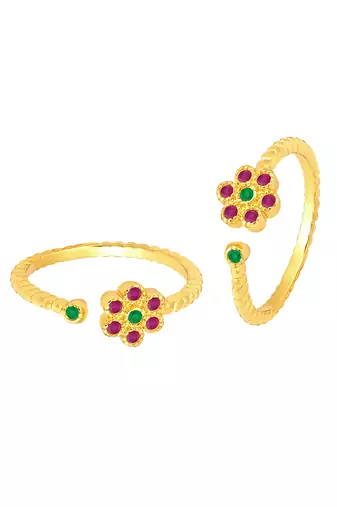 Rani pink green gold plated cubic zirconia studded adjustable toe rings stylish bichiya jewellery for women