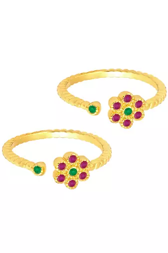 Rani pink green gold plated cubic zirconia studded adjustable toe rings stylish bichiya jewellery for women