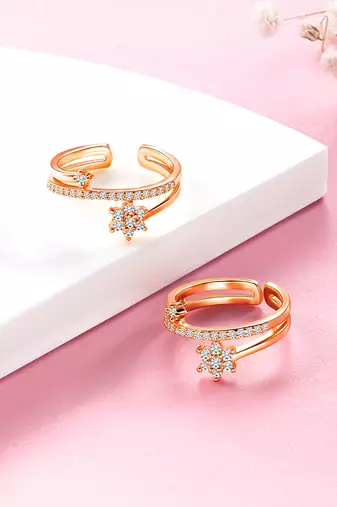 Rose gold plated cz studded adjustable fancy toe ring stylish bichiya daily regular jewellery for women