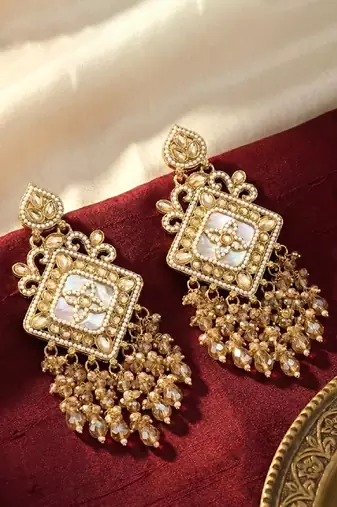 Gold plated crystals & beads studded dangle earrings ethnic jewellery gift for women & girls