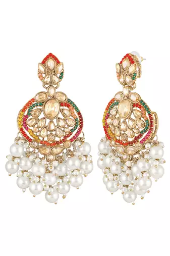 Gold plated crystals & white beads studded dangle earrings ethnic jewellery for women & girls