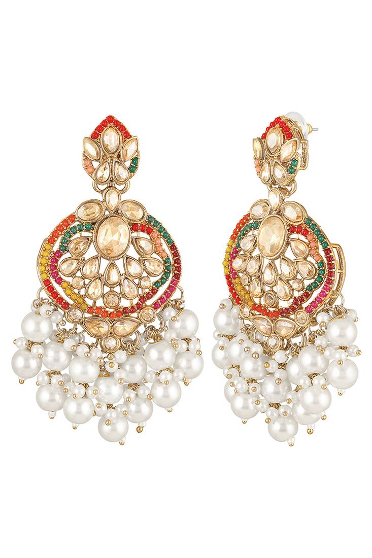 Gold plated crystals & white beads studded dangle earrings ethnic jewellery for women & girls