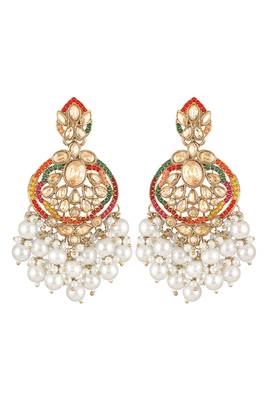 Gold plated crystals & white beads studded dangle earrings ethnic jewellery for women & girls 2
