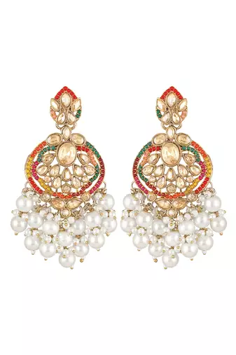 Gold plated crystals & white beads studded dangle earrings ethnic jewellery for women & girls