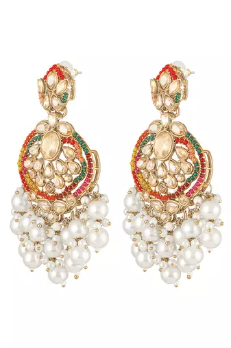 Gold plated crystals & white beads studded dangle earrings ethnic jewellery for women & girls