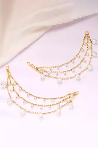 Pearl studded gold plated layered earrings chain fashion jewellery for women & girls
