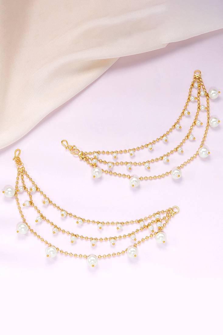 Pearl studded gold plated layered earrings chain fashion jewellery for women & girls