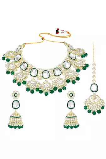 Green kundan & beads studded choker necklace maangtikka & jhumki earrings ethnic jewellery set for women & girls