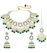 Green kundan & beads studded choker necklace maangtikka & jhumki earrings ethnic jewellery set for women & girls