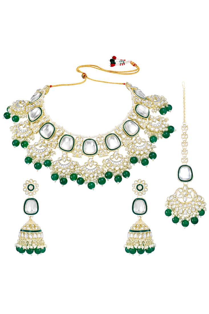 Green kundan & beads studded choker necklace maangtikka & jhumki earrings ethnic jewellery set for women & girls