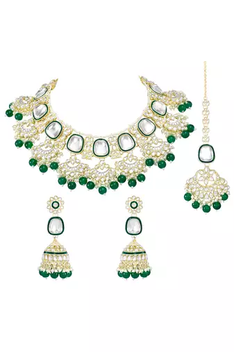 Green kundan & beads studded choker necklace maangtikka & jhumki earrings ethnic jewellery set for women & girls