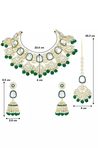 Green kundan & beads studded choker necklace maangtikka & jhumki earrings ethnic jewellery set for women & girls