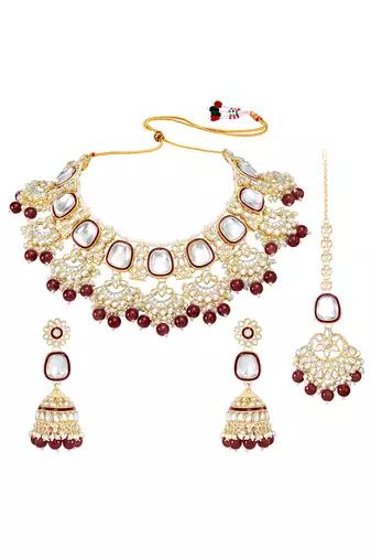 Gold plated kundan & maroon beads studded necklace earrings & maangtikka set ethnic jewellery gift for women