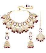 Gold plated kundan & maroon beads studded necklace earrings & maangtikka set ethnic jewellery gift for women