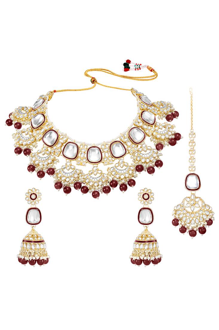 Gold plated kundan & maroon beads studded necklace earrings & maangtikka set ethnic jewellery gift for women