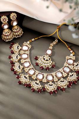Gold plated kundan & maroon beads studded necklace earrings & maangtikka set ethnic jewellery gift for women 2