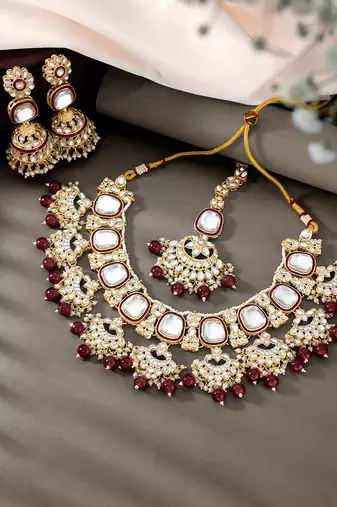 Gold plated kundan & maroon beads studded necklace earrings & maangtikka set ethnic jewellery gift for women