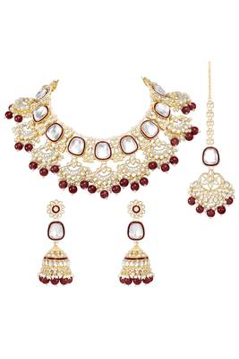 Gold plated kundan & maroon beads studded necklace earrings & maangtikka set ethnic jewellery gift for women 3