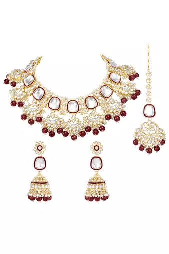 Gold plated kundan & maroon beads studded necklace earrings & maangtikka set ethnic jewellery gift for women