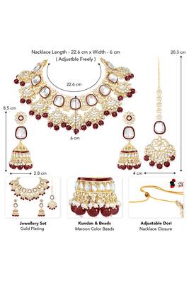 Gold plated kundan & maroon beads studded necklace earrings & maangtikka set ethnic jewellery gift for women 4