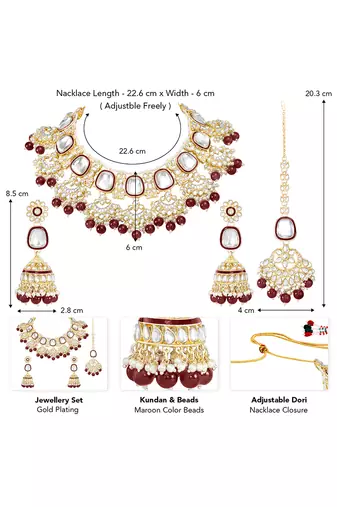 Gold plated kundan & maroon beads studded necklace earrings & maangtikka set ethnic jewellery gift for women