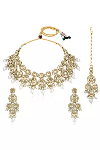 Gold plated champagne crystals & beads studded necklace earrings & maangtikka set ethnic jewellery for women & girls