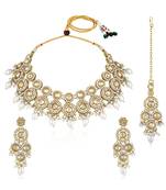 Gold plated champagne crystals & beads studded necklace earrings & maangtikka set ethnic jewellery for women & girls