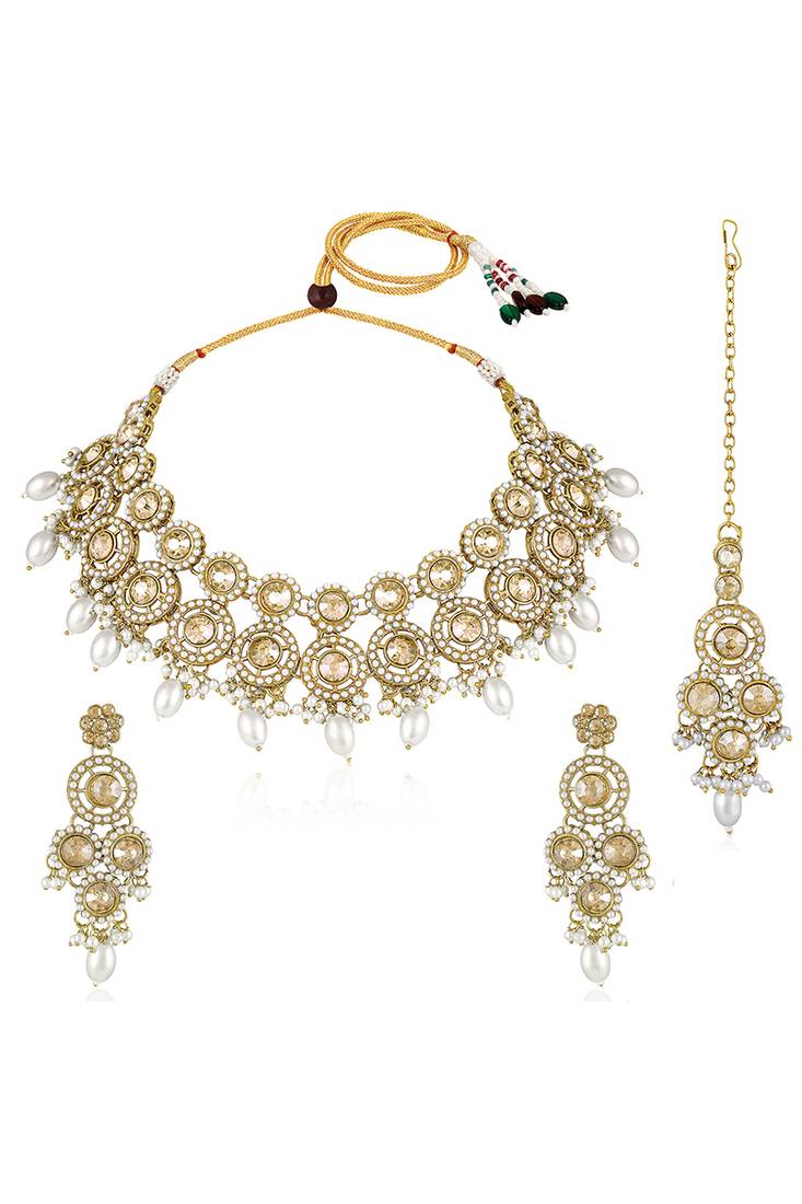 Gold plated champagne crystals & beads studded necklace earrings & maangtikka set ethnic jewellery for women & girls