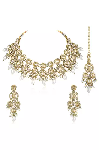 Gold plated champagne crystals & beads studded necklace earrings & maangtikka set ethnic jewellery for women & girls