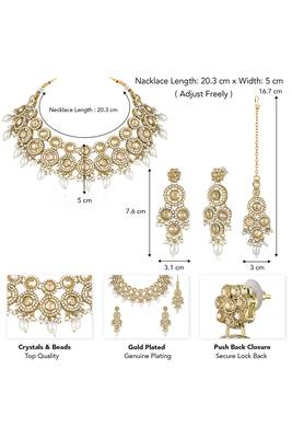 Gold plated champagne crystals & beads studded necklace earrings & maangtikka set ethnic jewellery for women & girls 3