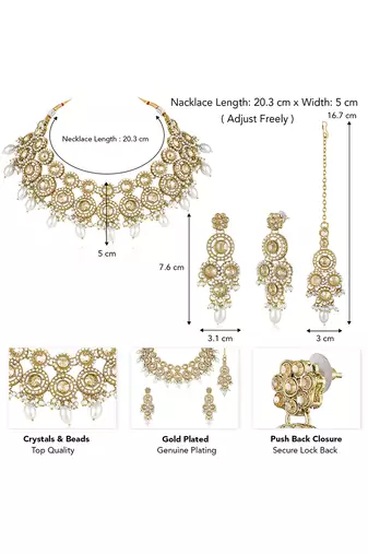 Gold plated champagne crystals & beads studded necklace earrings & maangtikka set ethnic jewellery for women & girls