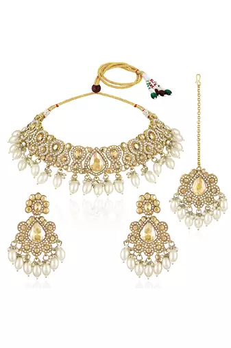 Gold plated champagne crystals & beads studded necklace earrings & maangtikka set ethnic jewellery for women girls