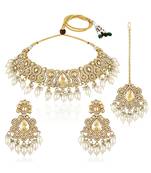Gold plated champagne crystals & beads studded necklace earrings & maangtikka set ethnic jewellery for women girls