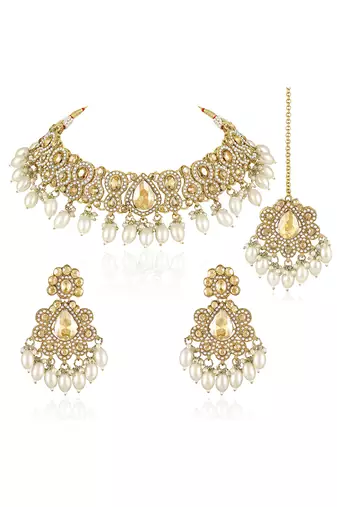 Gold plated champagne crystals & beads studded necklace earrings & maangtikka set ethnic jewellery for women girls