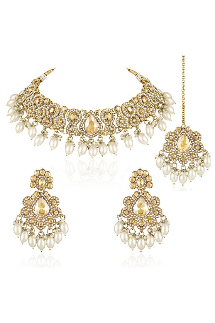 Gold plated champagne crystals & beads studded necklace earrings & maangtikka set ethnic jewellery for women girls