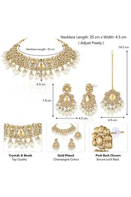 Gold plated champagne crystals & beads studded necklace earrings & maangtikka set ethnic jewellery for women girls 3