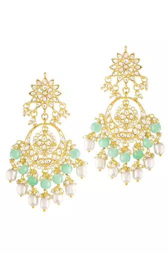 Gold plated kundan & mint beads studded dangle earrings ethnic jewellery gift for women & girls