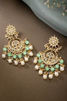 Gold plated kundan & mint beads studded dangle earrings ethnic jewellery gift for women & girls 2