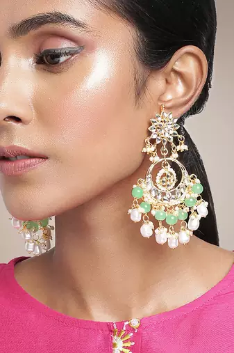 Gold plated kundan & mint beads studded dangle earrings ethnic jewellery gift for women & girls