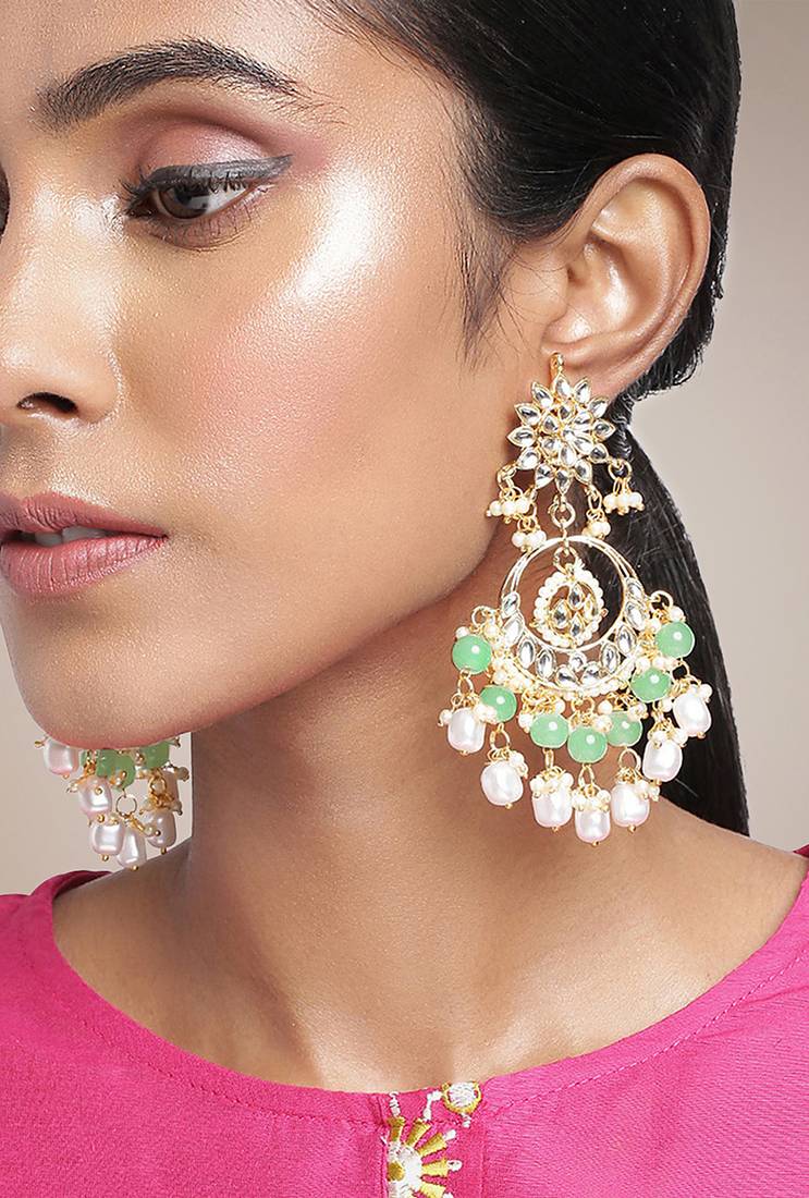 Gold plated kundan & mint beads studded dangle earrings ethnic jewellery gift for women & girls